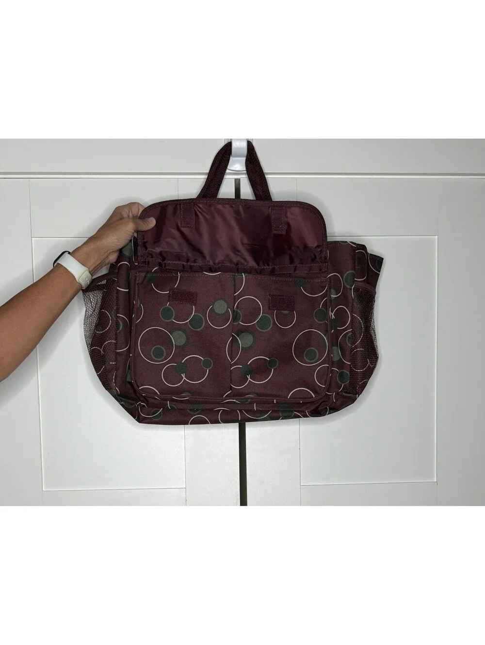 Large Burgundy Tote with Green and Cream Circular Print